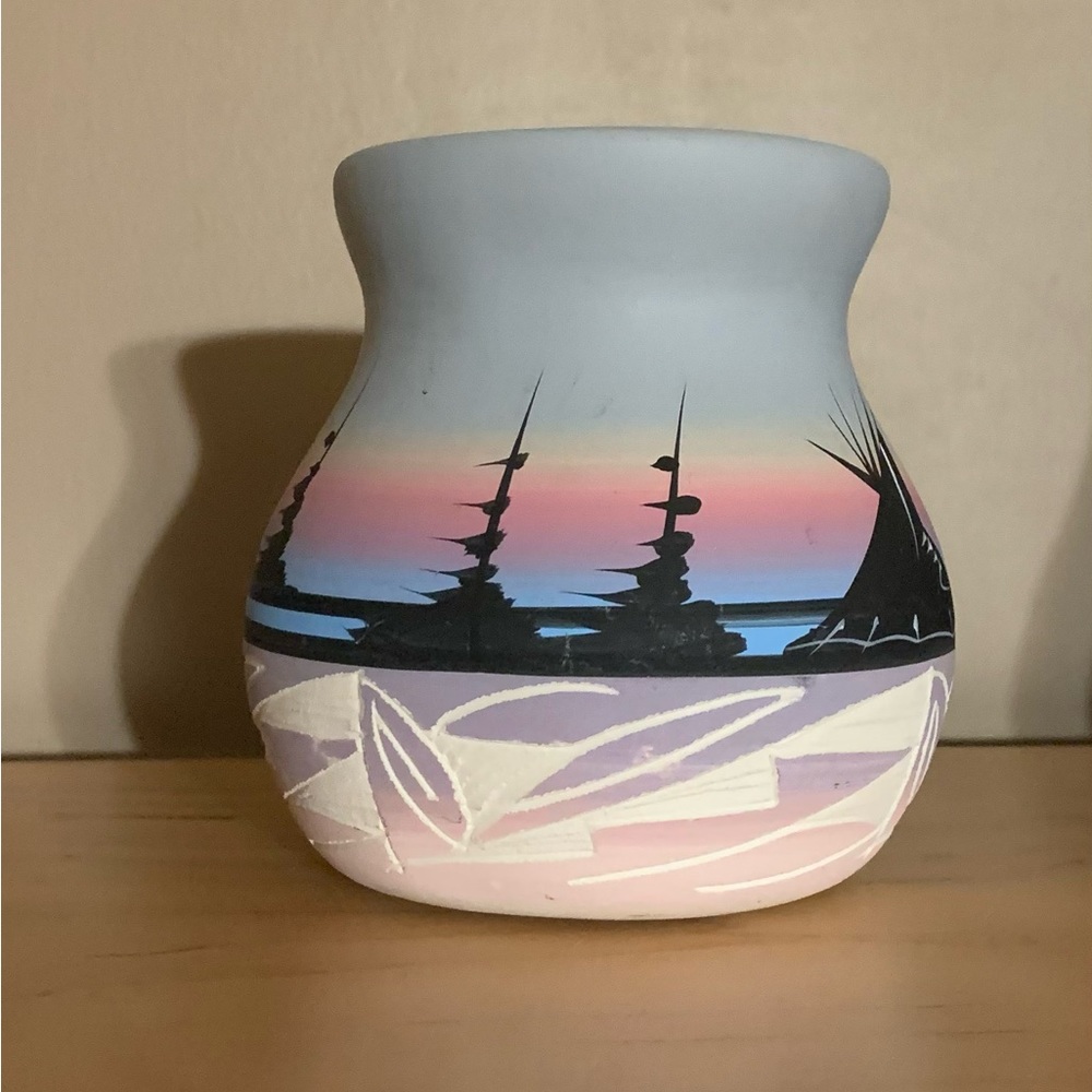 Vintage Navajo Art Pottery Pastel Sunset Horse and Rider Artist Signed